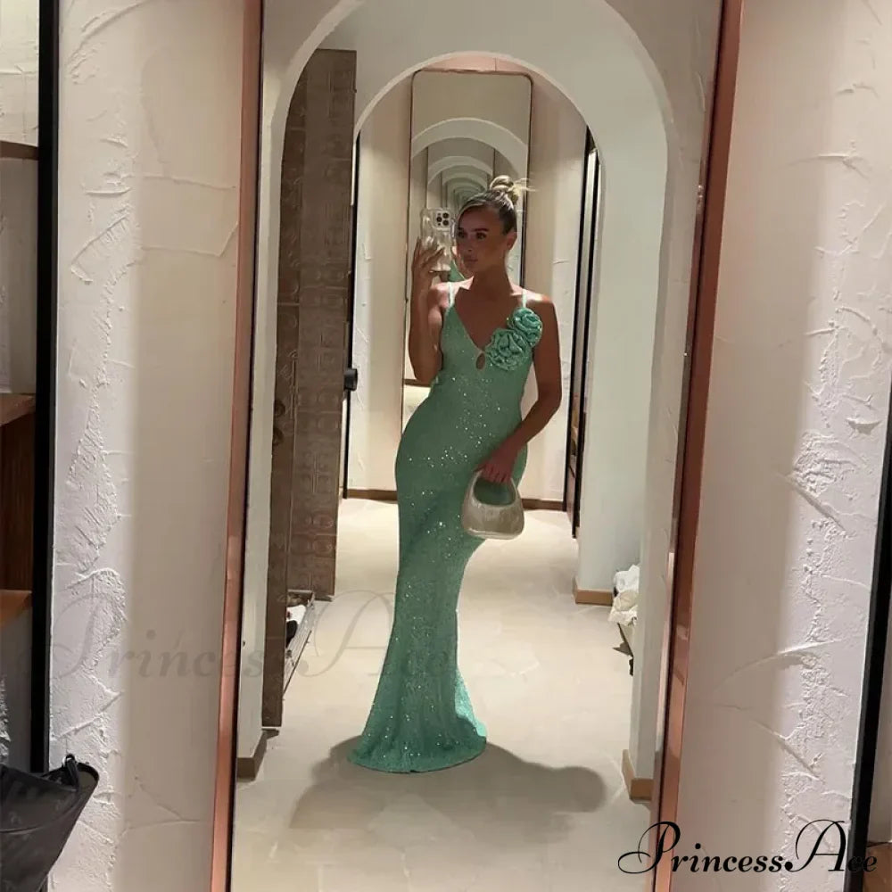 Green 3D Flower Charming Sequin Cami Maxi Dress