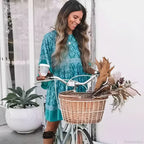 Green Floral Print Loose O-neck Batwing Sleeve Mini Boho Dress