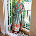 Green Floral Print Tie Neck Rayon Cotton Long Sleeve Ethnic Maxi Boho Dress