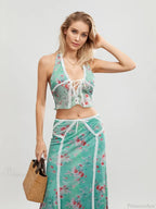 Green Floral Sleeveless Tie-up Halter Backless Long Floral Dress