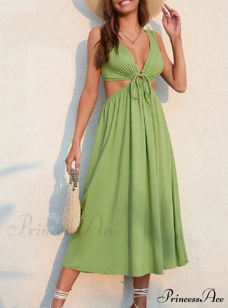 Green Halter-neck Backless Maxi Dress with Waisted Detail