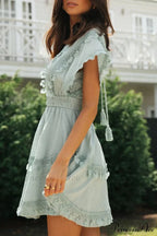Green Lace Batwing Sleeve Backless Dress for Summer Casual Wear