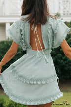 Green Lace Batwing Sleeve Backless Dress for Summer Casual Wear
