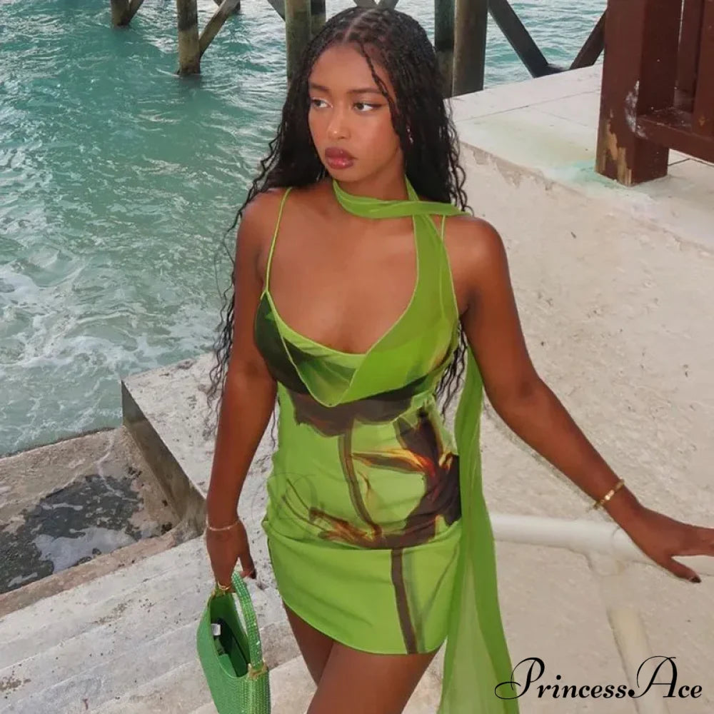 Green Mesh Printed Charming Draped Mini Dress