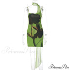 Green Mesh Printed Charming Draped Mini Dress