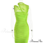 Green Mesh Ruched Neck Cut Trendy Out Design Bodycon Mini Dress