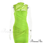 Green Mesh Ruched Neck Cut Trendy Out Design Bodycon Mini Dress