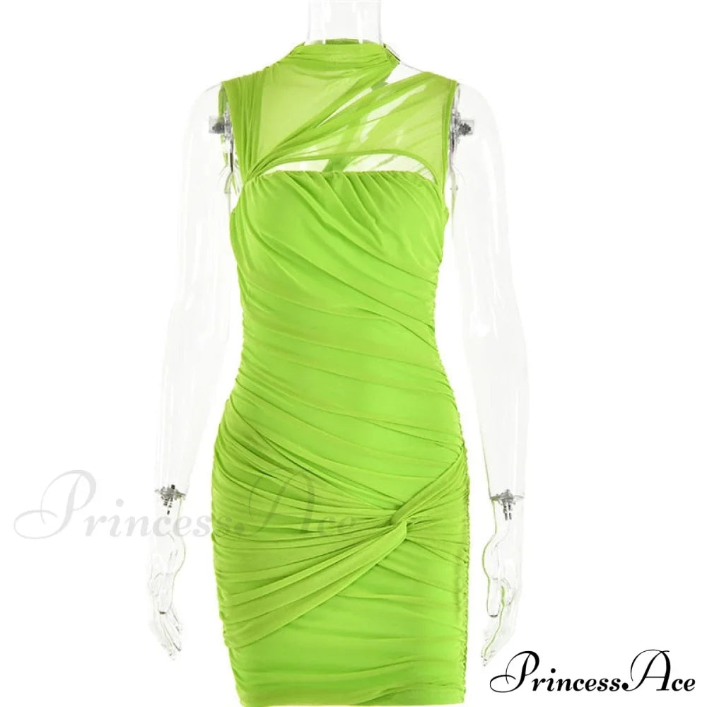 Green Mesh Ruched Neck Cut Trendy Out Design Bodycon Mini Dress