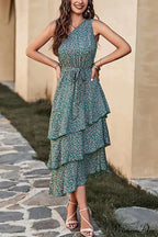 Green One Shoulder Ruffle Trim Dress with Print