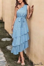 Green One Shoulder Ruffle Trim Dress with Print