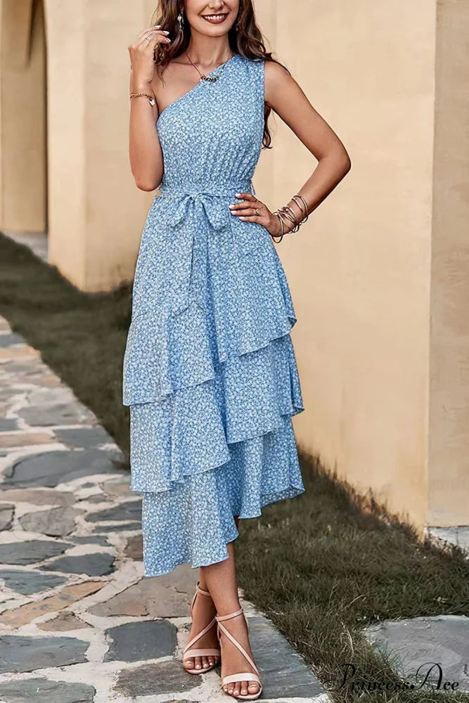 Green One Shoulder Ruffle Trim Dress with Print