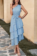 Green One Shoulder Ruffle Trim Dress with Print