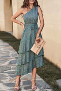 Green One Shoulder Ruffle Trim Dress with Print
