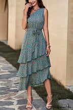 Green One Shoulder Ruffle Trim Dress with Print