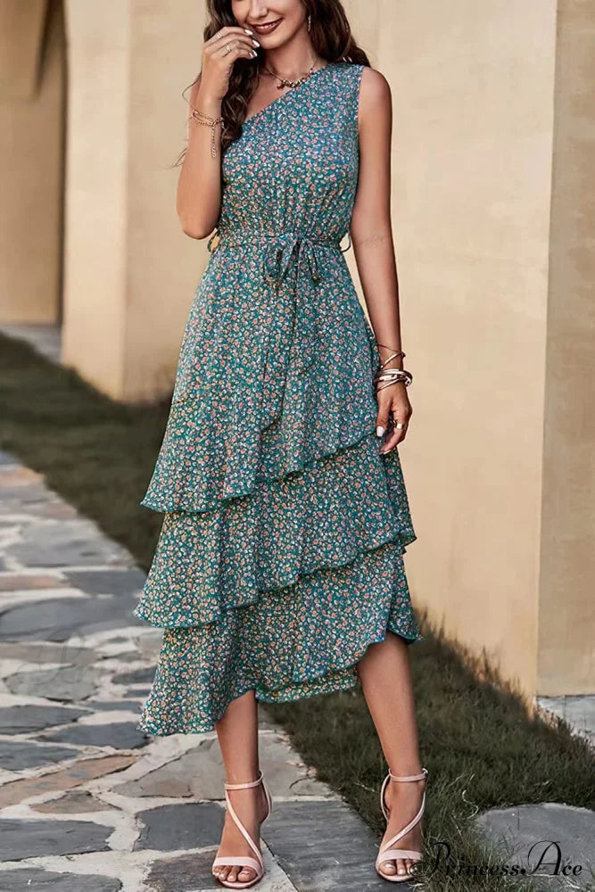 Green One Shoulder Ruffle Trim Dress with Print