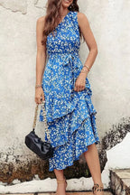 Green One Shoulder Ruffle Trim Dress with Print