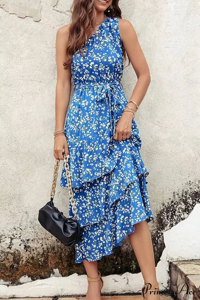 Green One Shoulder Ruffle Trim Dress with Print