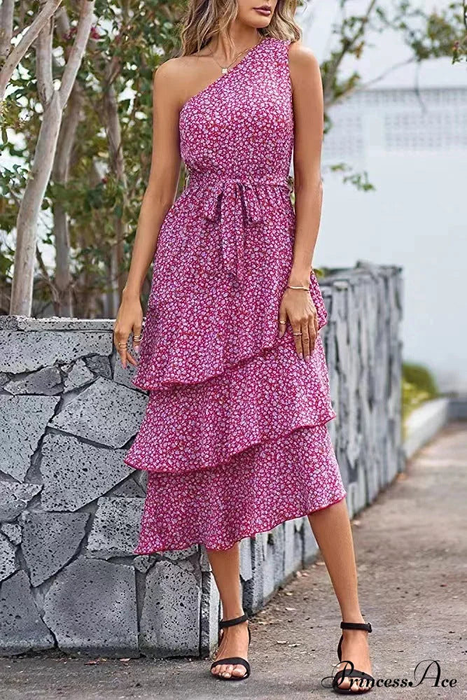 Green One Shoulder Ruffle Trim Dress with Print