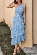 Green One Shoulder Ruffle Trim Dress with Print