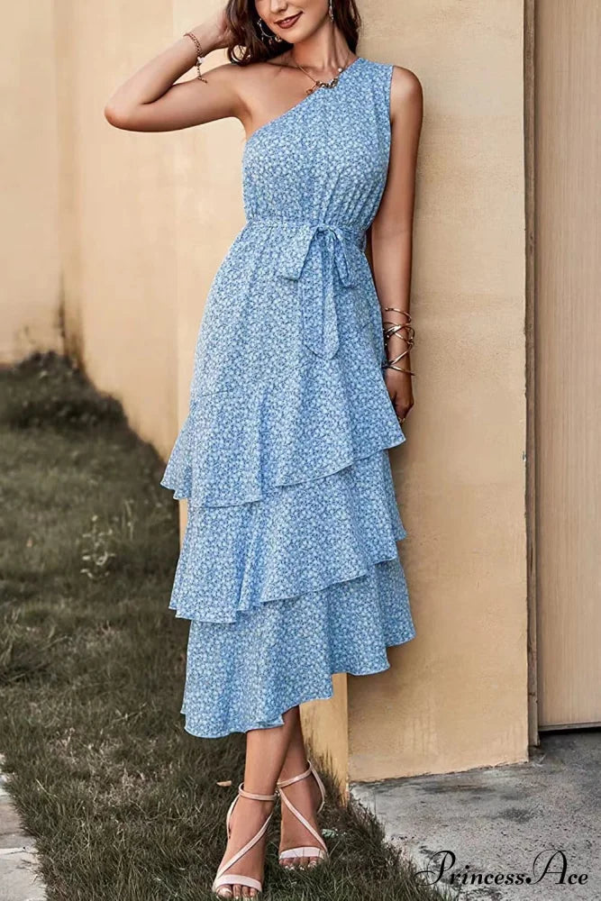 Green One Shoulder Ruffle Trim Dress with Print