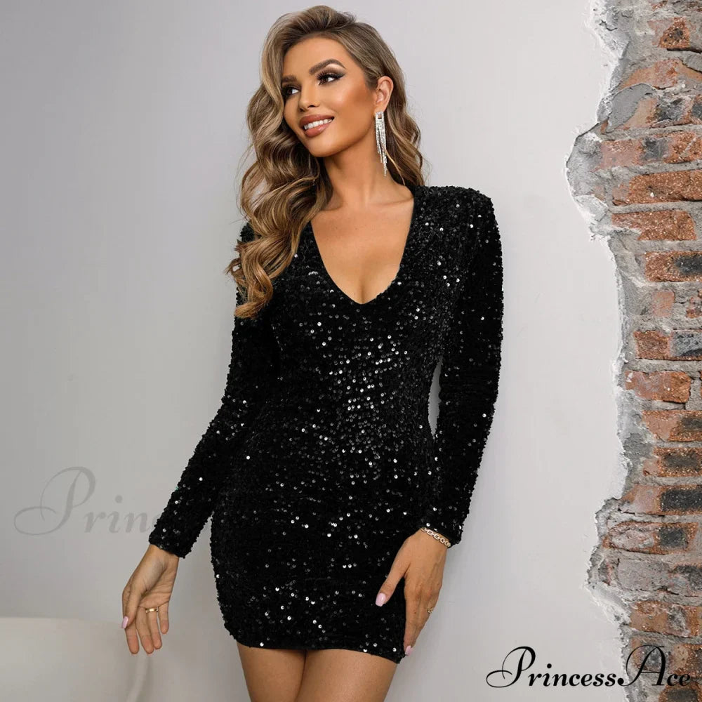 Green Sequin Dress with Plunge V-Neck and Long Sleeves