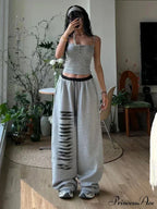 Grey Baggy Stylish Slit Patchwork Sweatpants&nbsp;