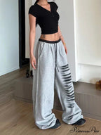 Grey Baggy Stylish Slit Patchwork Sweatpants&nbsp;