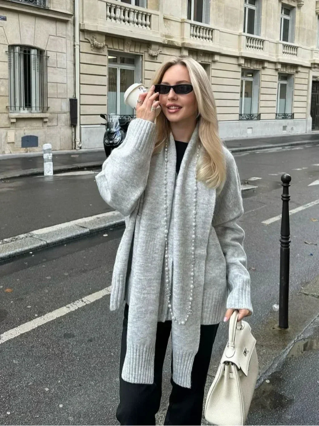 Grey Scarf Collar Loose Cashmere Cardigan