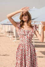 Olga Boutique Ruffled Cherry Print Midi Dress Evening Wear Edit