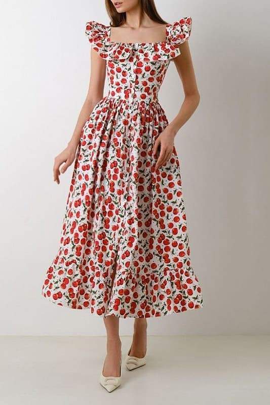 Olga Boutique Ruffled Cherry Print Midi Dress Evening Wear Edit