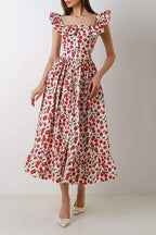 Olga Boutique Ruffled Cherry Print Midi Dress Evening Wear Edit