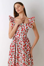 Olga Boutique Ruffled Cherry Print Midi Dress Evening Wear Edit