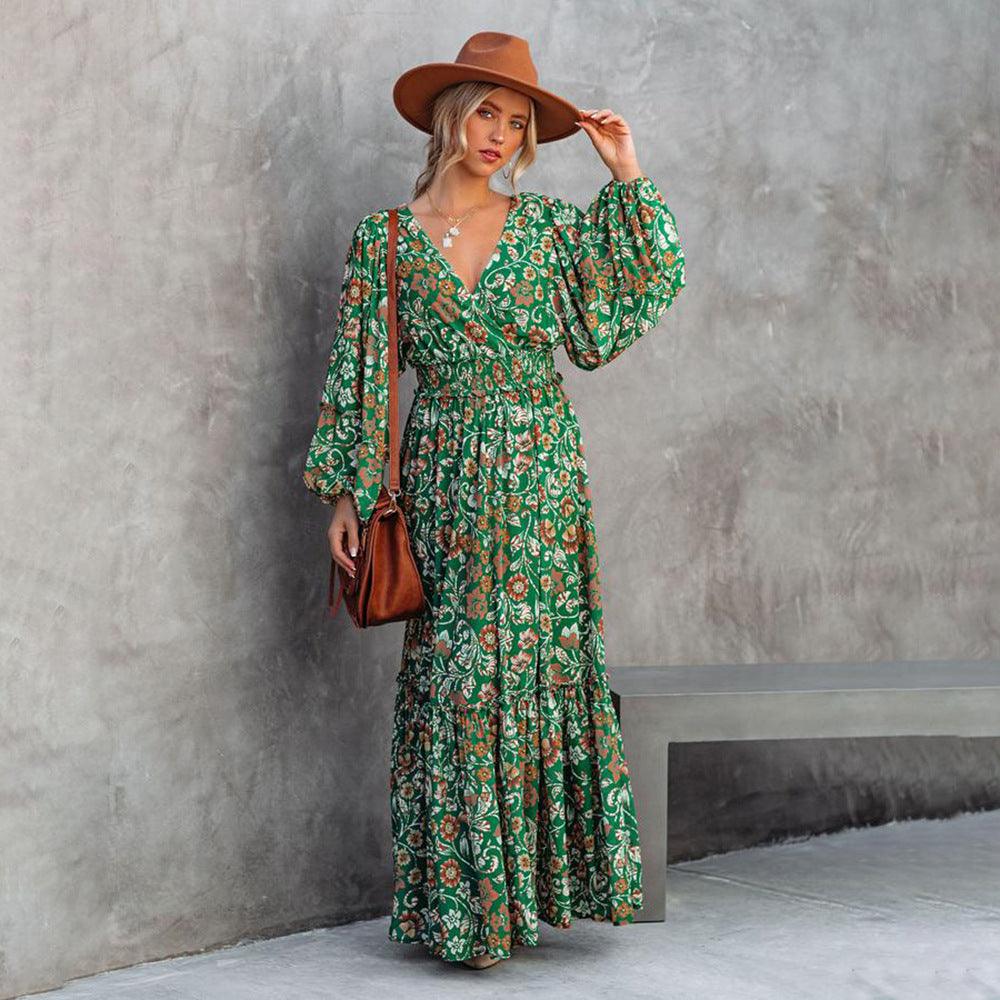 Viviana Aesthetic Green Floral Bohemian Maxi Dress Designer Edit