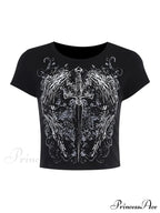 Grunge Wing Print Trendy Ribbed Knit Crop Top