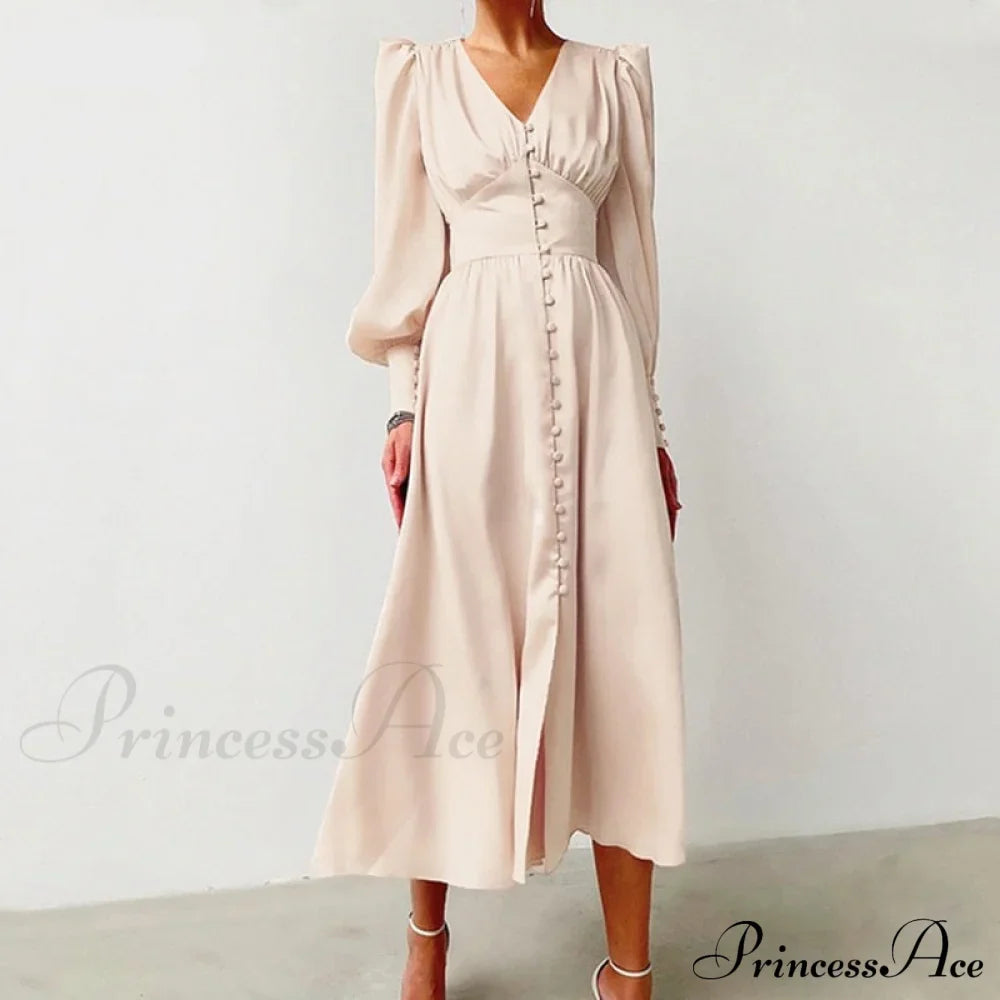 Guest Wedding Satin Full-Length Silk Gown Mid-Calf Empire Evening Vintage Party Buttons Dress