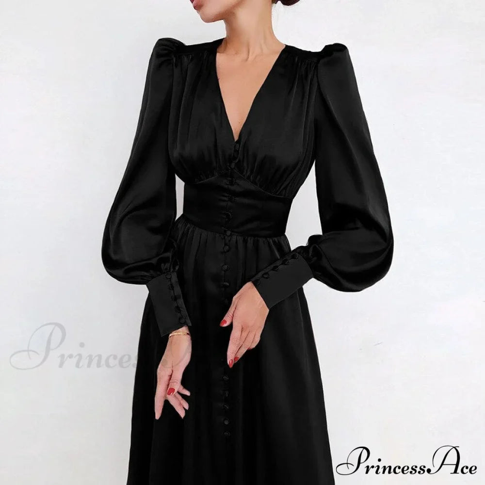 Guest Wedding Satin Full-Length Silk Gown Mid-Calf Empire Evening Vintage Party Buttons Dress