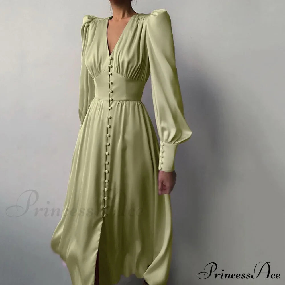 Guest Wedding Satin Full-Length Silk Gown Mid-Calf Empire Evening Vintage Party Buttons Dress