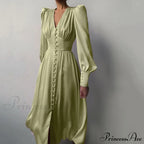 Guest Wedding Satin Full-Length Silk Gown Mid-Calf Empire Evening Vintage Party Buttons Dress