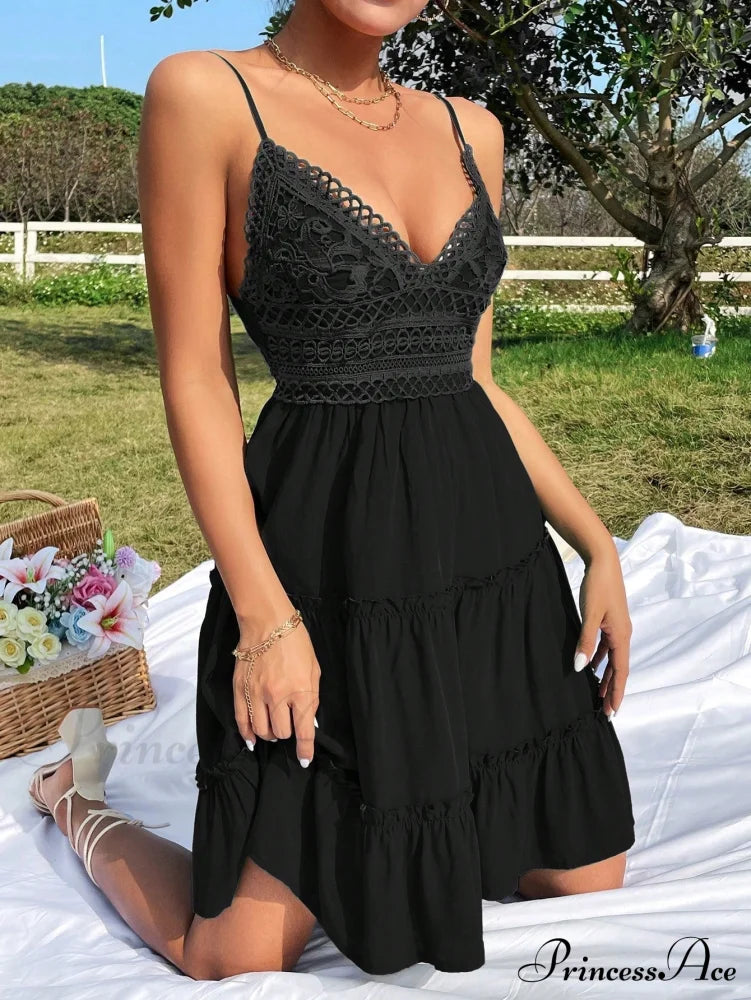 Guipure Lace Insert Layered Hem Tie Back Cami Dress