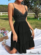 Guipure Lace Insert Layered Hem Tie Back Cami Dress