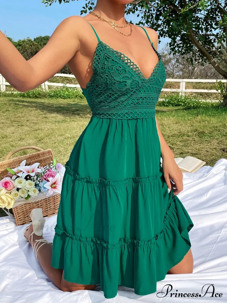 Guipure Lace Insert Layered Hem Tie Back Cami Dress
