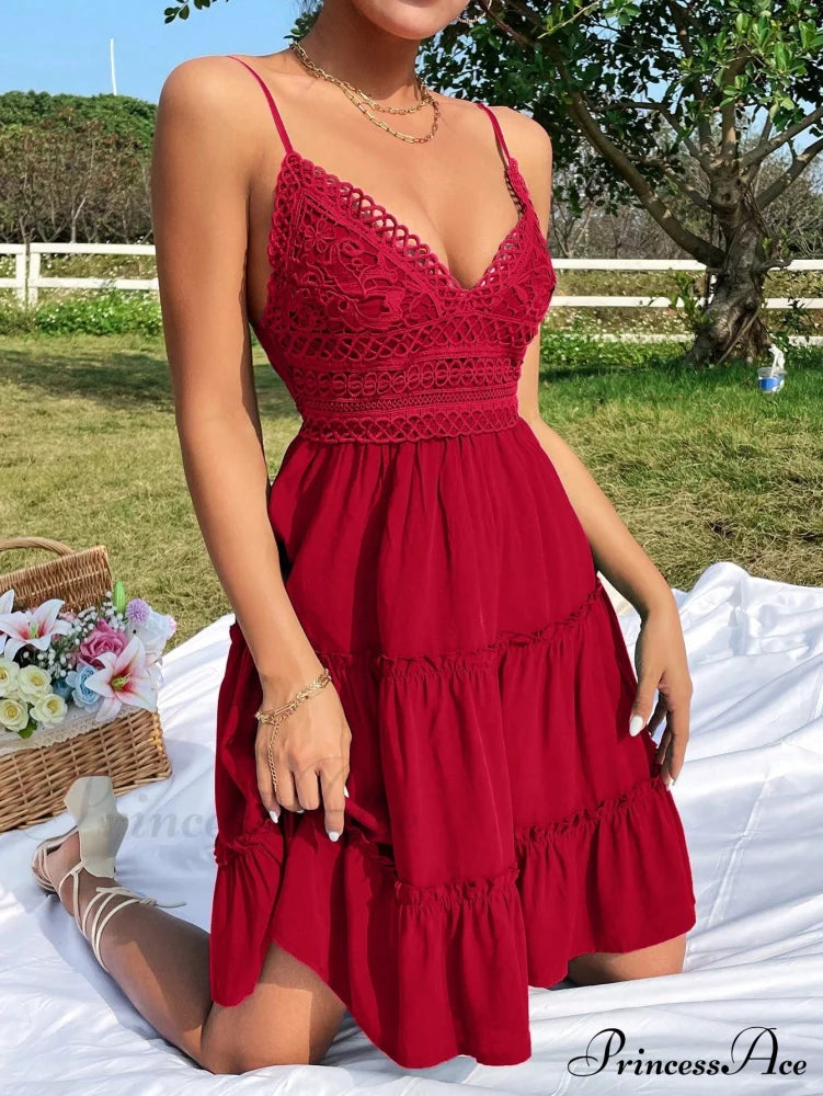 Guipure Lace Insert Layered Hem Tie Back Cami Dress