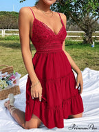 Guipure Lace Insert Layered Hem Tie Back Cami Dress