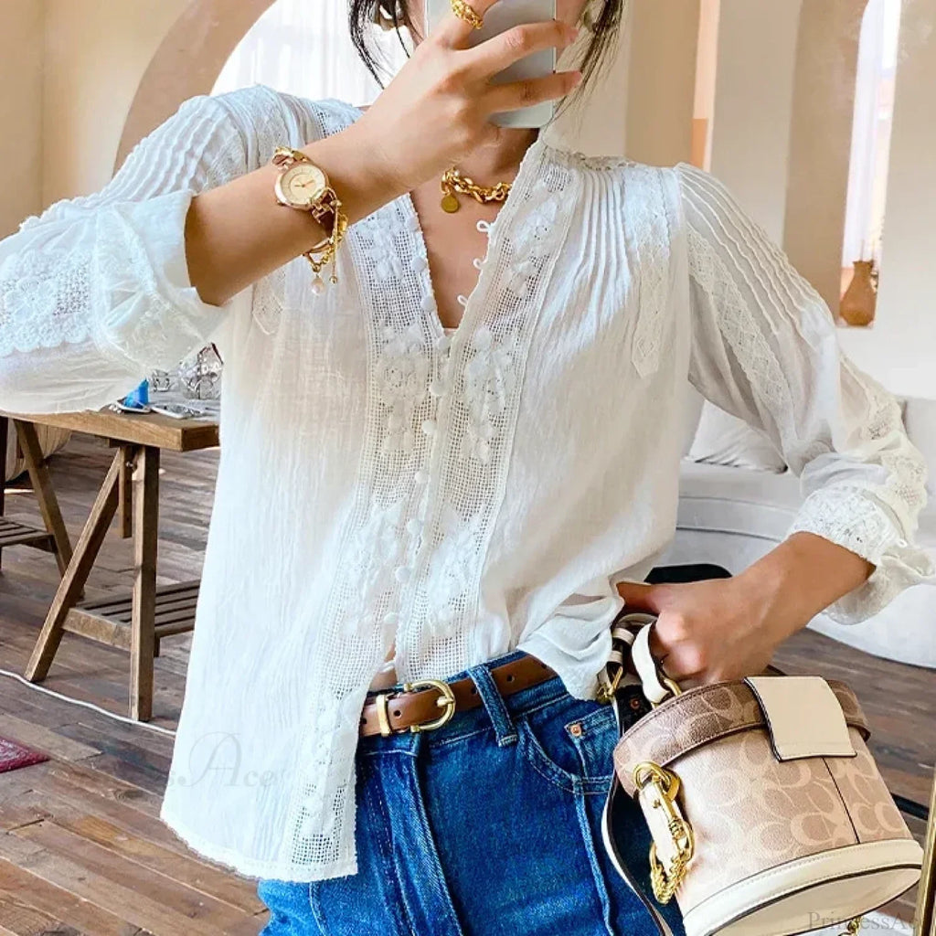 Gypsy Boho Floral Embroidered Lace Long Sleeve Blouse