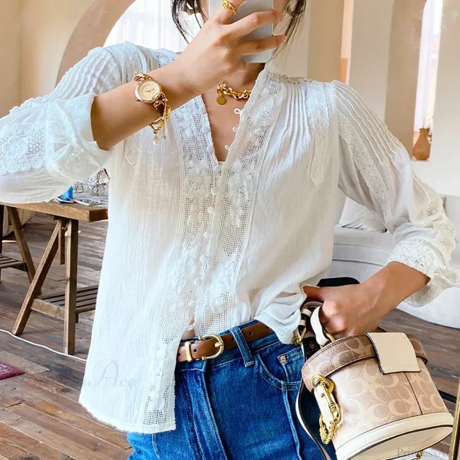 Gypsy Boho Floral Embroidered Lace Long Sleeve Blouse