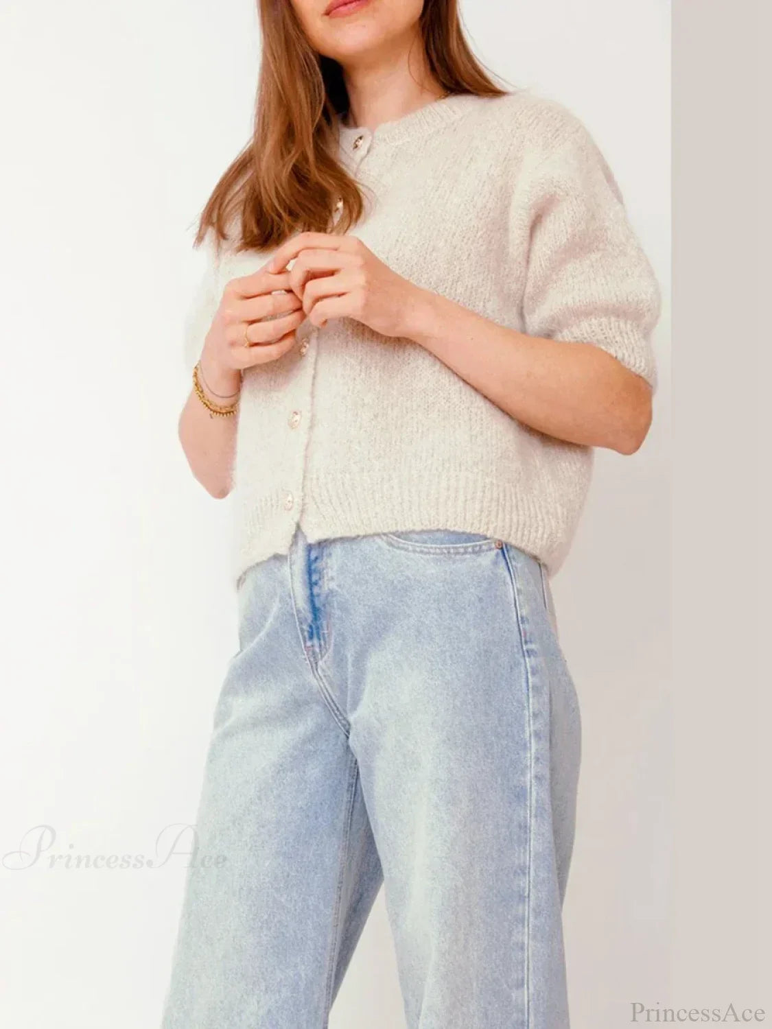 Half Sleeve O Neck Button-Up Knit Cardigan