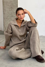 Half-Zip Knit Collared Long Sleeve Wide Leg Two Piece Set