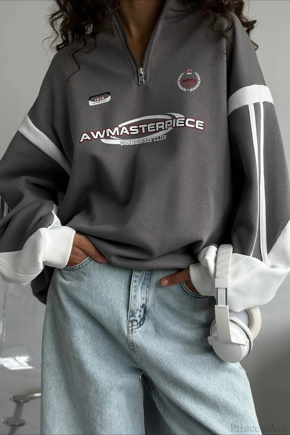 Half-Zip Stand Collar Letter Print Hoodie