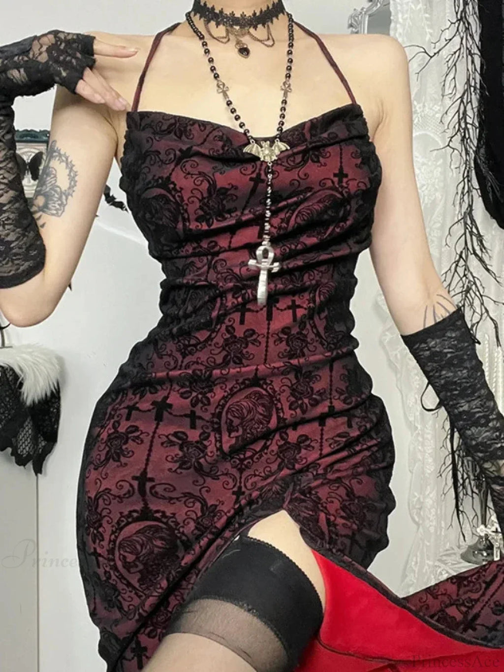 Halloween Cross Floral Halter Flocking Maxi Dress