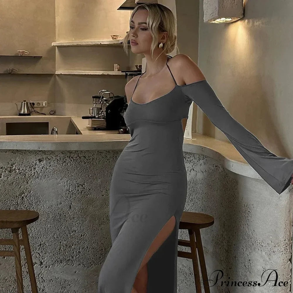 Halter Backless es Elegant Sleeve Club Party Split es Clothes Maxi Dress